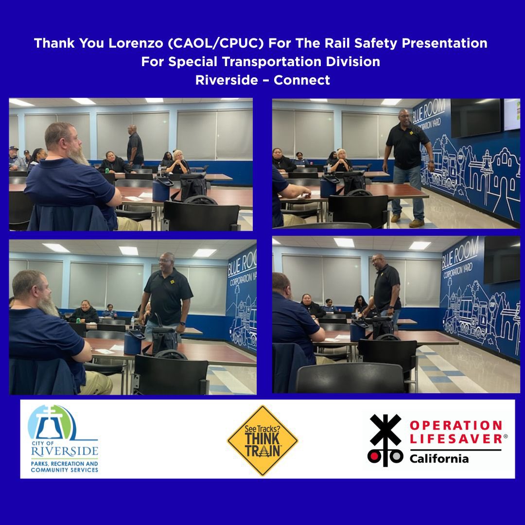 CAOpLifeSaver's tweet image. A huge thank-you Lorenzo (CAOL/CPUC) for a fabulous #RailSafety presentation to the Riverside Connect – Special Transportation Division Drivers &amp;amp; Staff. Thank you Riverside Connect for prioritizing rail-safety for your team. #CommunitySafetyAwareness #SaveLivesTell5