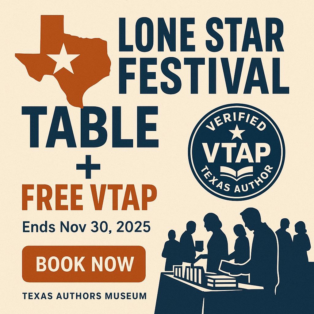 Ready for 2026 momentum?
Start with Lone Star Festival readers and carry the VTAP seal everywhere you pitch. Table purchase = FREE VTAP through Nov 30, 2025 → buff.ly/9b1g65z
#TexasLit #AuthorEvents LSF26.com