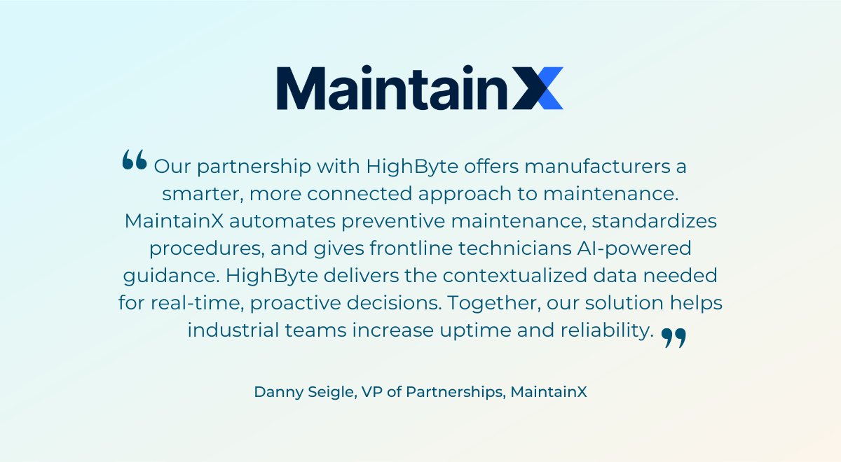 HighByteInc's tweet image. 🤝 We’re thrilled to officially welcome @maintainx as a new technology partner!

🛠️ Together, we’re enabling manufacturers to move from reactive maintenance to data-driven reliability.

#DataOps #PredictiveMaintenance #Industry40
