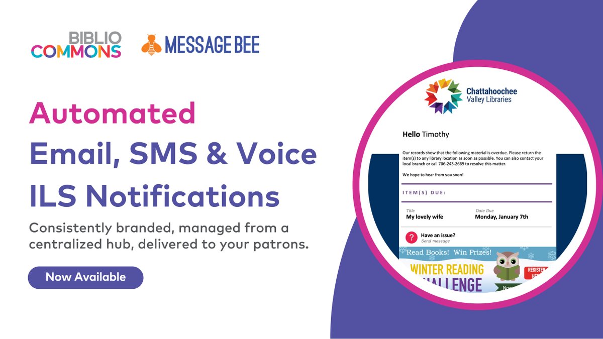 bibliocommons's tweet image. Big news: MessageBee is now part of the BiblioCommons ecosystem! Deliver branded, automated ILS notifications across email, SMS &amp;amp; voice.

✔️ No IT workarounds
✔️ Unified patron experience
✔️ Centralized notice management

Learn more: hubs.li/Q03Vf72d0

#FutureOfLibraries