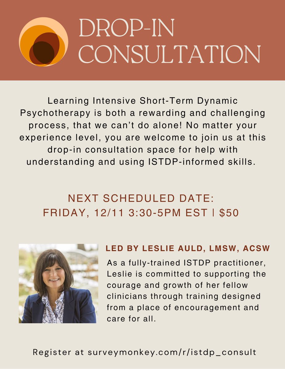 MindfulISTDP's tweet image. Sign-up today for support with understanding using #ISTDP informed interventions at our next Drop-in Consultation space with Leslie Auld.