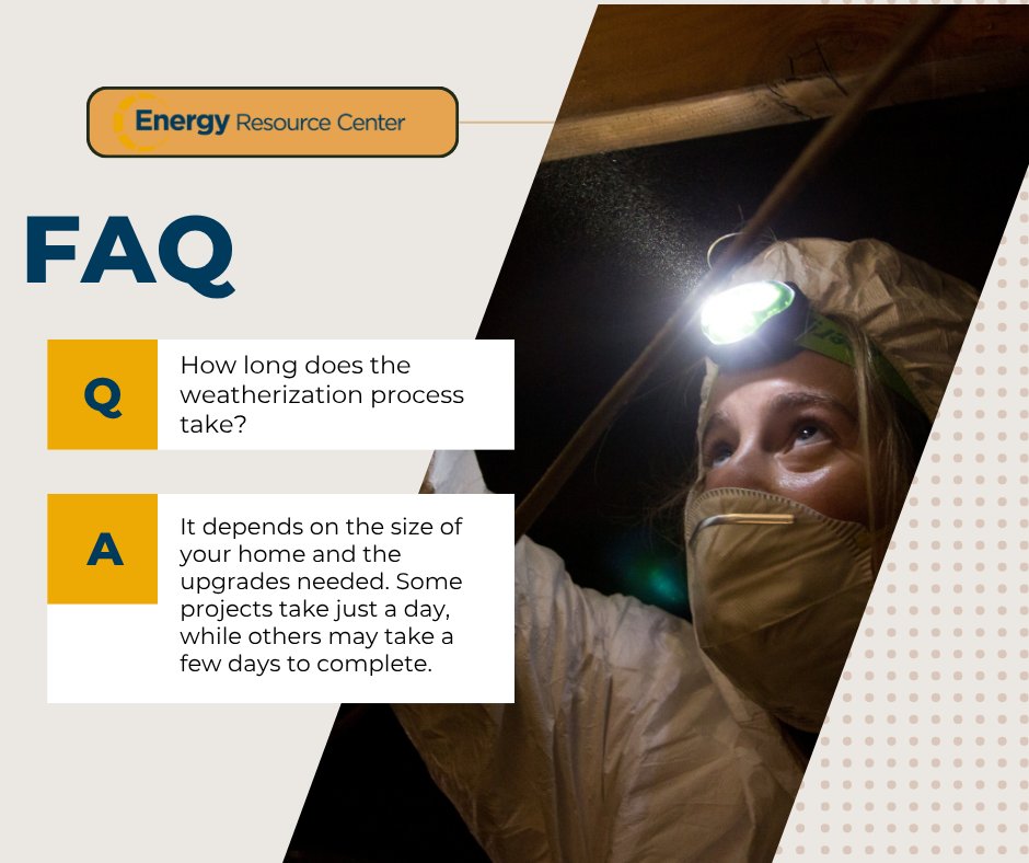 energyrescenter's tweet image. FAQ Friday: How long does weatherization take?
💡 Small upgrades like insulation or sealing leaks can take a day, while larger projects may take several. Either way, we help make your home safe, comfy, and energy-efficient! 🏡
#FAQFriday #EnergyEfficiency #Weatherization