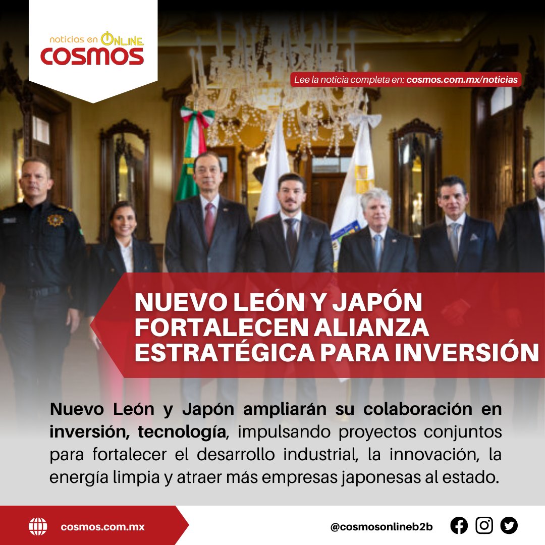 CosmosOnlineB2B's tweet image. 🇯🇵 #NuevoLeón y #Japón fortalecen su alianza para impulsar inversión, tecnología y proyectos clave de infraestructura. La #cooperación en innovación, energía limpia y seguridad sigue atrayendo empresas al #hubindustrial
Lee la noticia 👉 cosmos.com.mx/noticias
#CosmosOnline