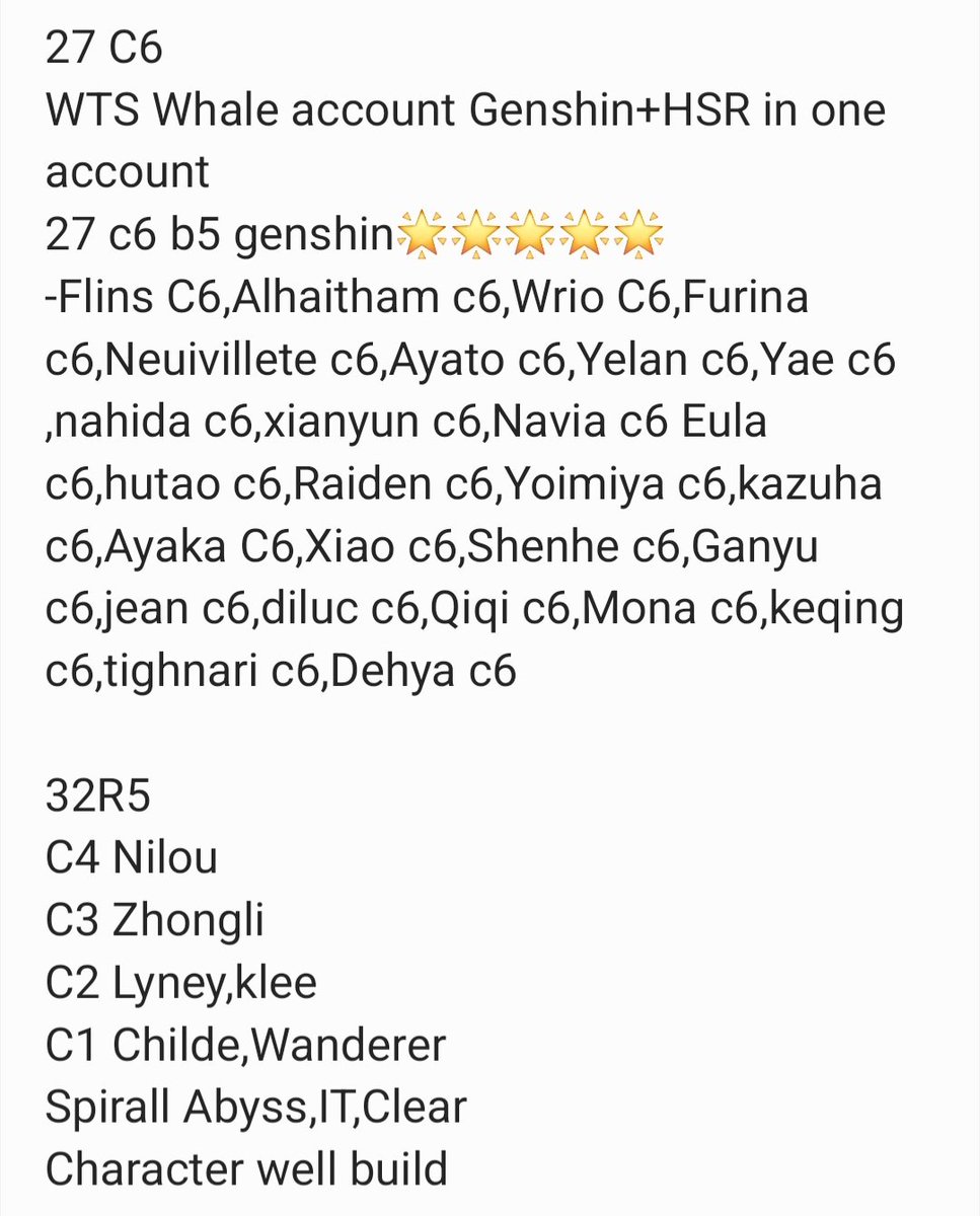 [HELP RT PLEASE ] 🥹 pensi
WTS GENSHIN MEGA WHALE ACC With HSR WHALE ACC
27 C6 🌟
32R5
C4 1
C3 1
C2 2
C1 2
have aranara pet and namecard haikaveh
HSR 8xE6🌟5
detail check picture and reply
$4500 / 75jt

DM if interested ❤️
