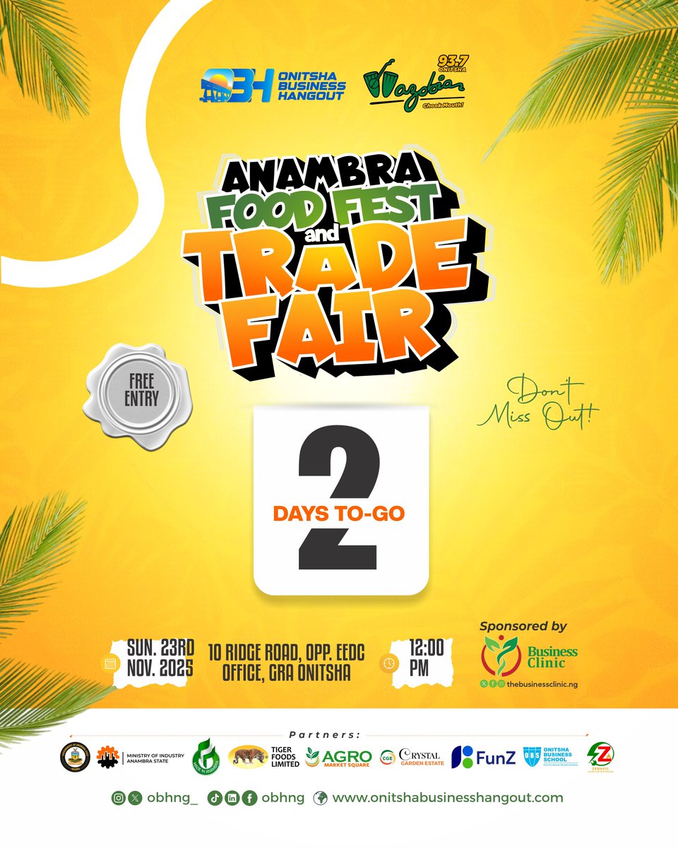 Na only 2 days hol #AnambraFoodFest and #MiniTradeFair 2025 from happening

Vendors will be selling on discount, so don't miss out.