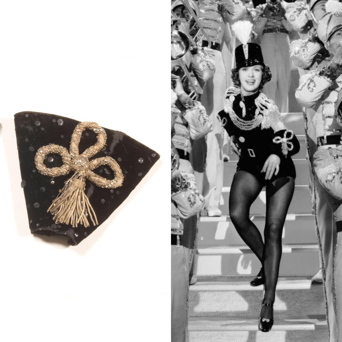 vickyhaddock's tweet image. American dancer and actress Eleanor Powell was born #OnThisDay in 1912. Powell wore these Adrian designed black velvet cuffs embellished with silver-colored metal, beads, sequins, and rhinestones as Nora Paige in Born to Dance (1936). Sold by @bonhams1793. #film #costume #dress