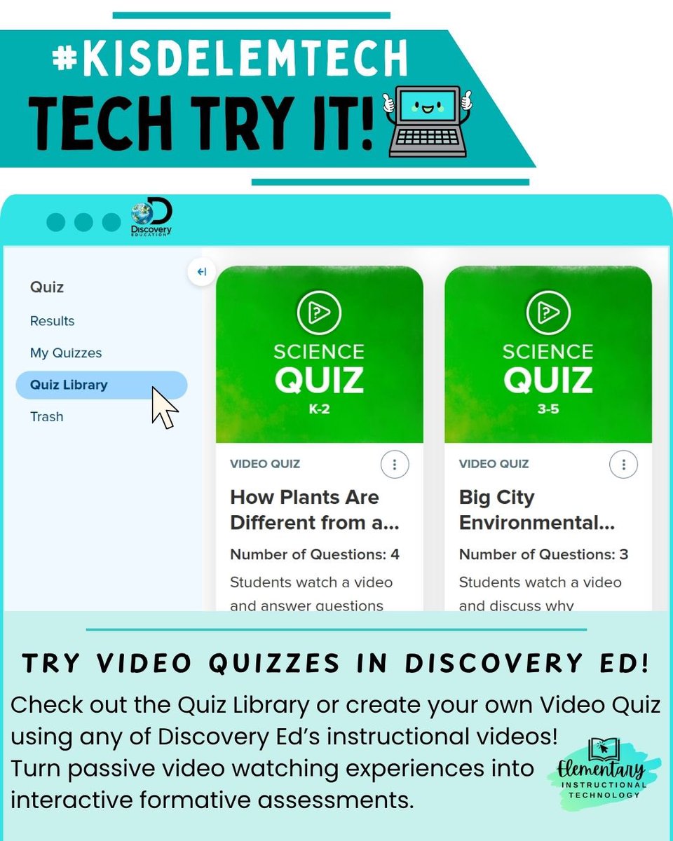 kisdelemtech's tweet image. #TechTryIt: Want to boost engagement during your lessons?🚀 Try Discovery Ed’s Video Quizzes! Instead of passively watching videos, students interact with built-in questions that check understanding, spark discussion, and keep everyone focused🤩 #KISDelemtech