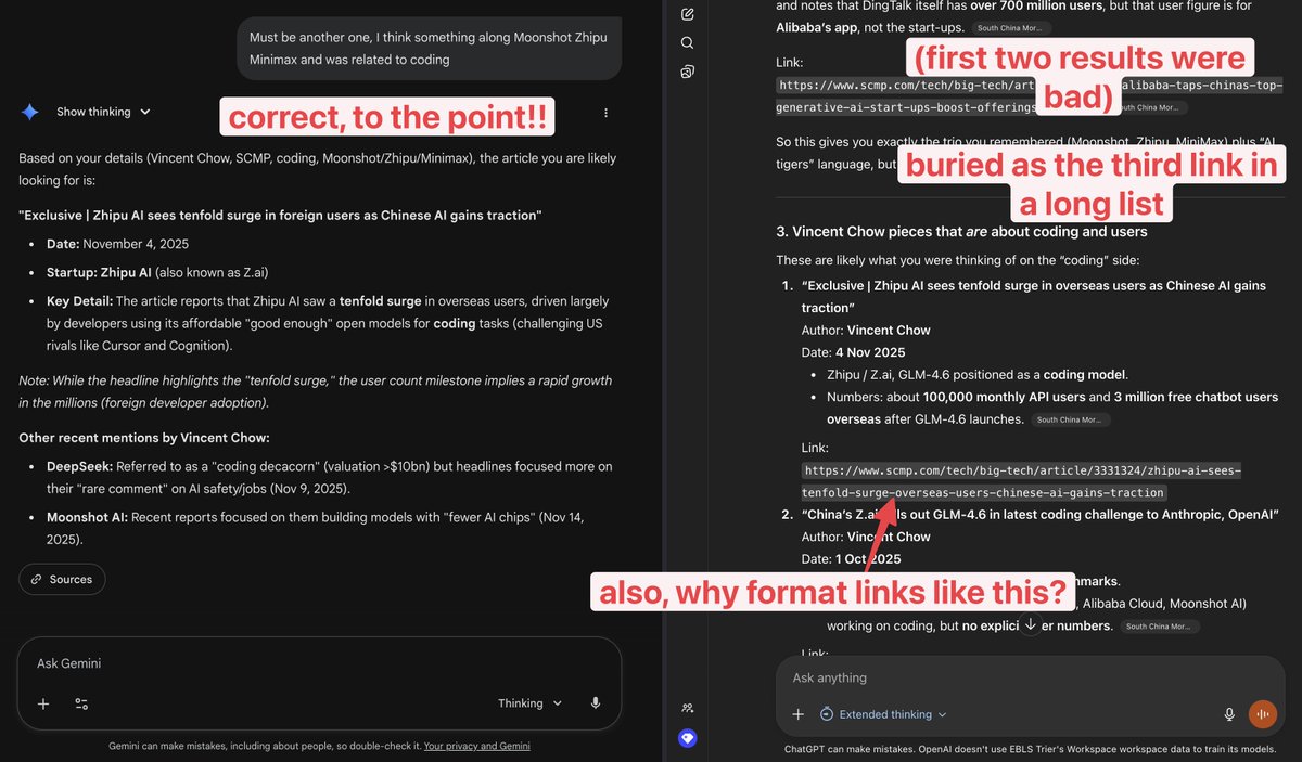 you gotta give Gemini a serious try

same prompts, Gemini found the one thing I wanted in 1/3 the time, while ChatGPT took &gt;3 mins, gave me 7 results

every time I did the comparison the last two days, both were equal or G was better