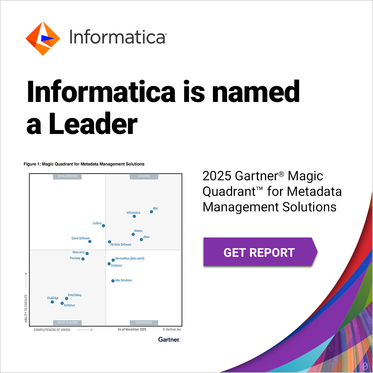 Informatica's tweet image. 🎉 Exciting news! Informatica is named a Leader in the 2025 Gartner® Magic Quadrant™ for Metadata Management Solutions. Curious how 15 vendors compare? Explore the full report now: infa.media/44coTiU

#MetadataManagement