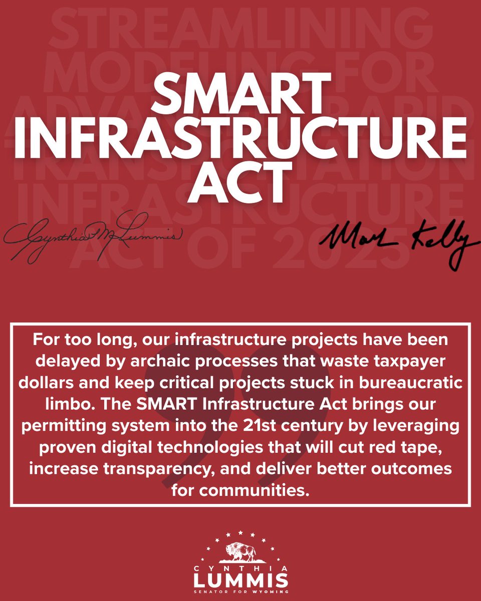 Proud to join <a href="/SenMarkKelly/">Senator Mark Kelly</a> once again to introduce the SMART Infrastructure Act. 

This landmark legislation revolutionizes how America plans &amp; permits critical transportation infrastructure by harnessing cutting-edge technology. We are bringing the U.S. into the digital age.