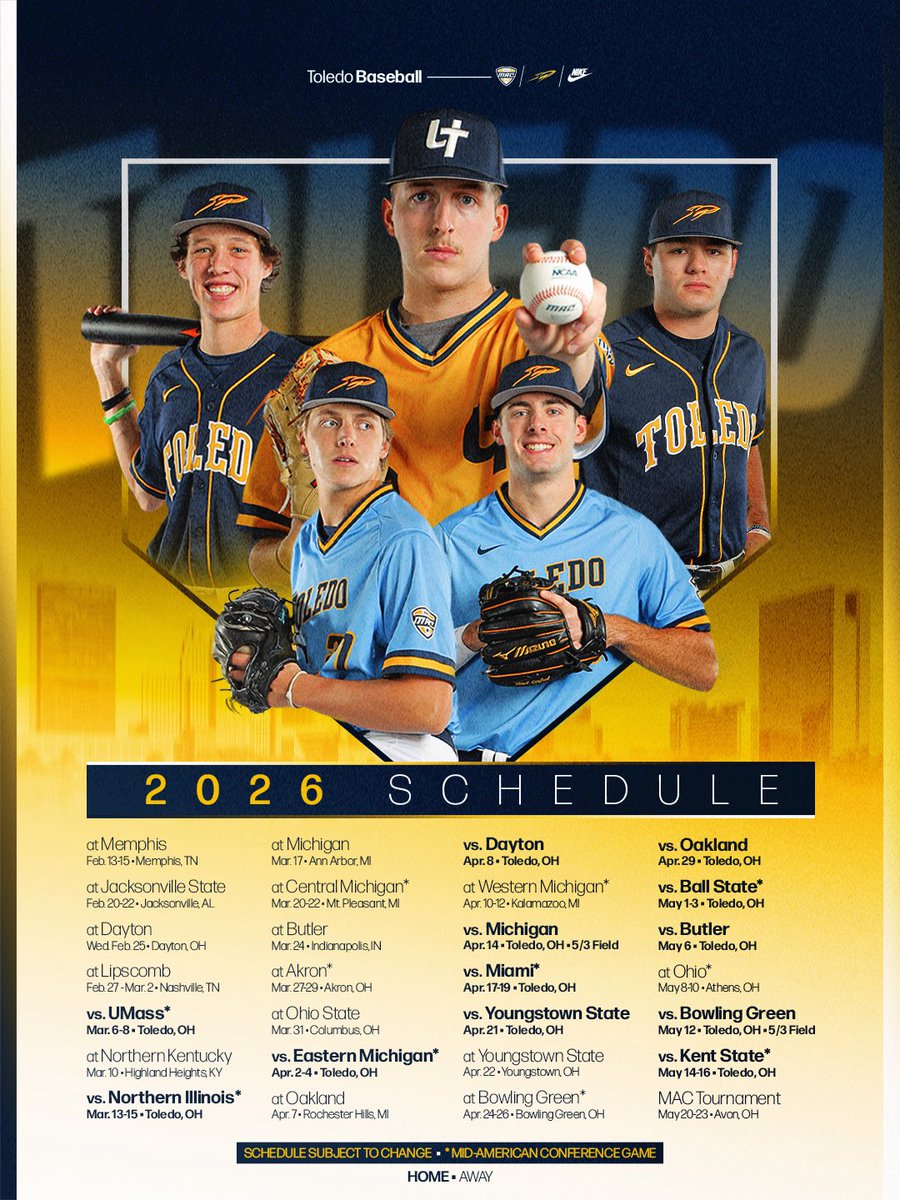 The 𝟮𝟬𝟮𝟲 𝗦𝗖𝗛𝗘𝗗𝗨𝗟𝗘 is here!

First pitch is on Feb. 13 and the home opener at Scott Park will be on March 6! 🚀

📰 tinyurl.com/253pdwmv
📅 tinyurl.com/28ngnh57

#TeamToledo