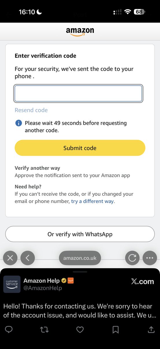 mickyworm's tweet photo. @AmazonHelp Hi, I’ve tried this but it always just makes me log in then comes up the sending a code to my phone, which obviously I never get? https://t.co/0zZkLfknrb