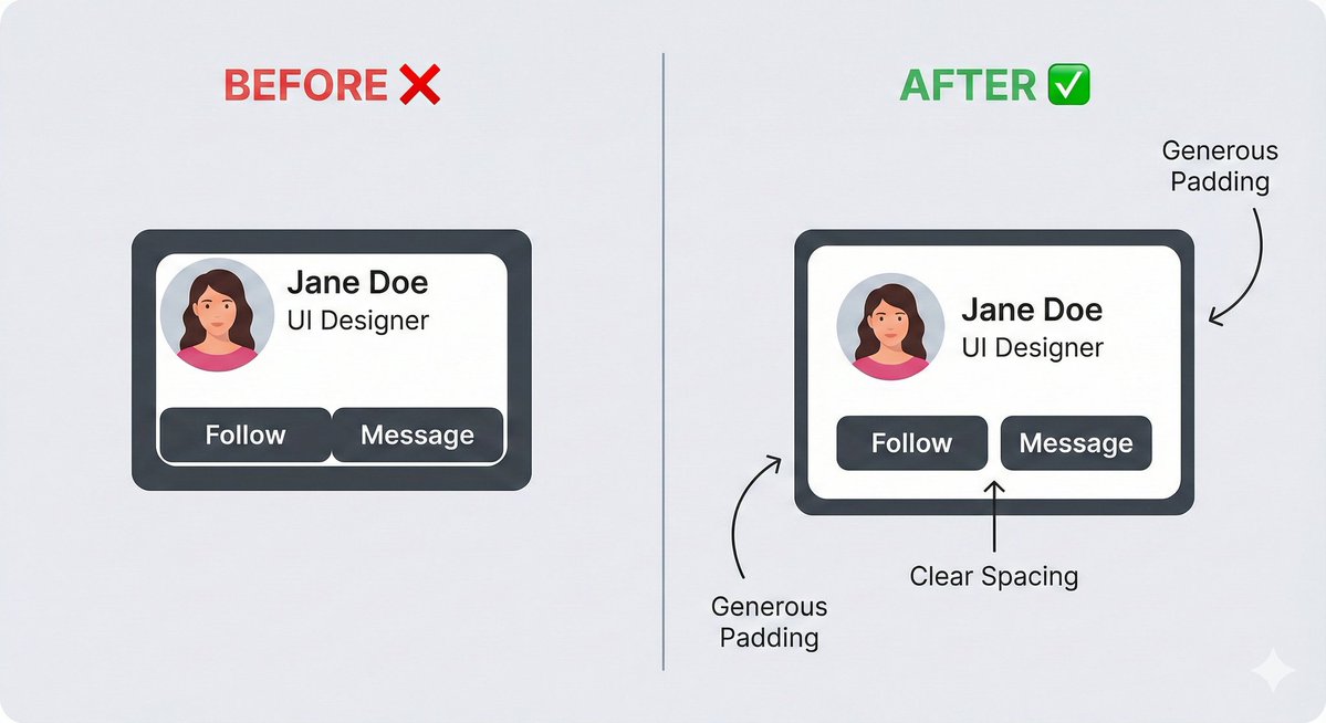 Nehe0901's tweet image. And if it still feels cluttered? Add even more padding.

​White space isn&apos;t &apos;empty&apos; space. It&apos;s &apos;breathing room.&apos; It is the #1 thing that separates amateur designs from professional ones.

​Give your elements space to exist.

​#UIUX #Frontend #DesignTip #WebDev