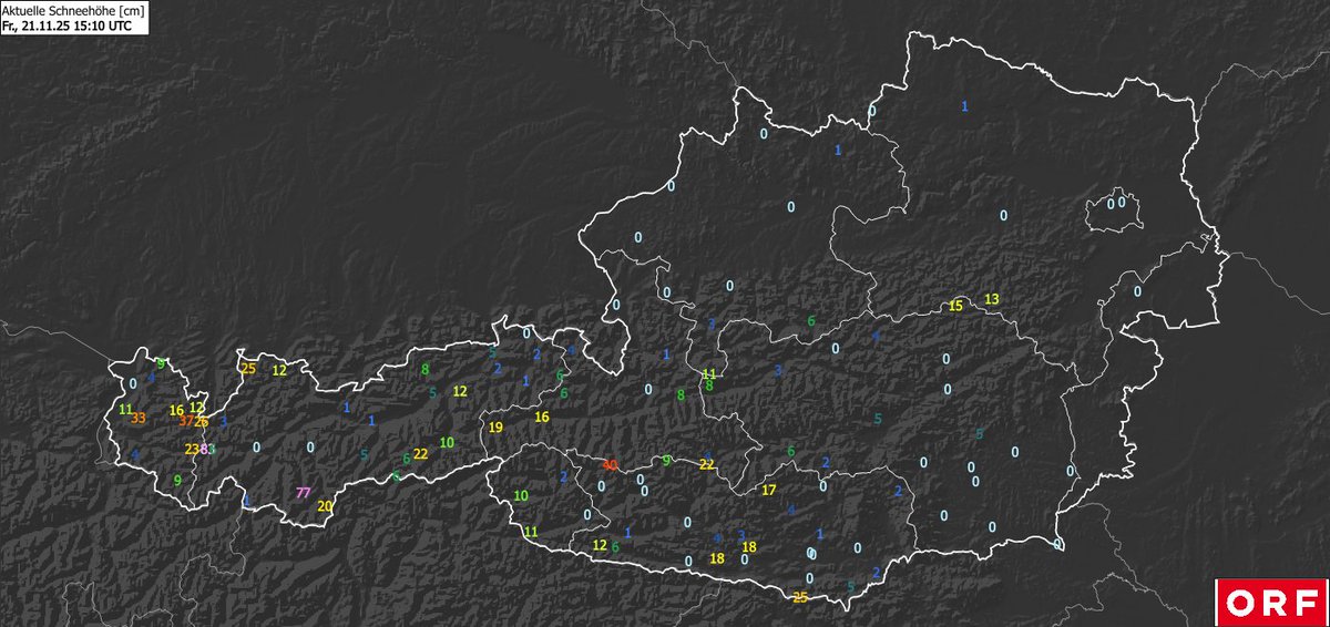 Schön winterlich jetzt in vielen Landesteilen, hier ein paar Schneehöhen [cm]
38 Schröcken/V
27 Tannheim/T
19 Krimml/S
18 Bad Bleiberg/K
18 Schoppernau/V
16 Mariazell/ST
14 Kernhof/NÖ
12 Alpbach/T
12 Kornat/K
11 Sillian/T
9 Ramsau/ST
8 Radstadt/S
6 Windischgarsten/OÖ
5 Kufstein/T