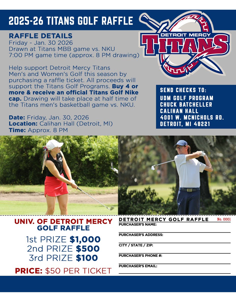 DetroitMGolf's tweet image. Help support our golf programs! Each ticket is $50 &amp;amp; all proceeds go to the golf programs. Get 4 or more &amp;amp; receive an official team hat.
Prizes of $1k &amp;amp; $500. Winner drawn at the men's bball game on 1/30.
For more info/to purchase, contact Coach Batcheller @ batchech@udmercy.edu.