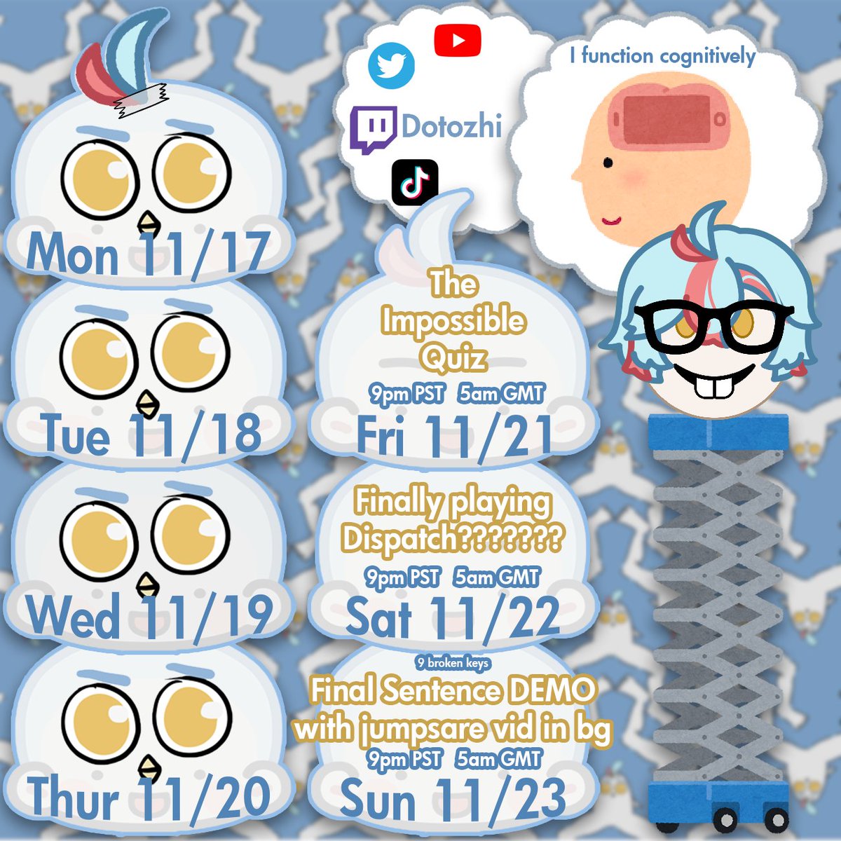 🔴11/17/25-11/23/25🔵
nerdoto functions cognitively ☝️🤓

FRI ✄ the possible quiz, ez for nerdoto. how hard can it be 8) 
SAT ✄ Deezpatch
SUN ✄ the fear will make me type faster 🧠