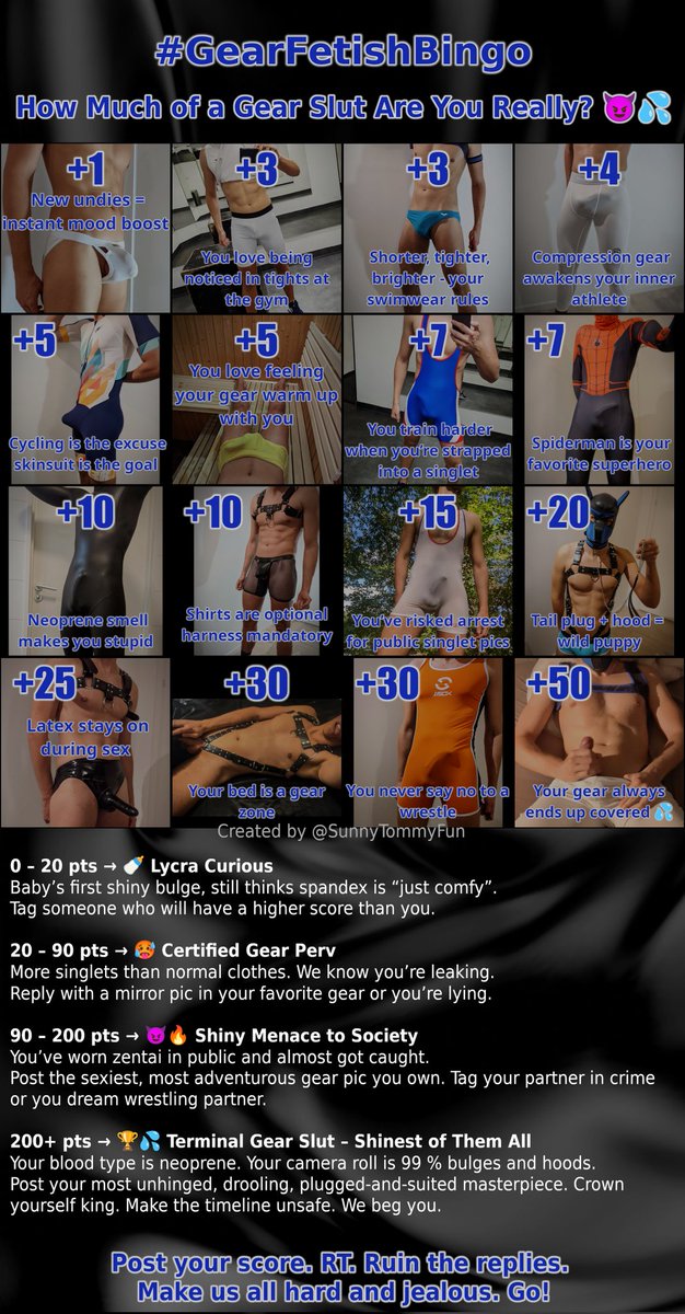 SunnyTommyFun's tweet photo. #GearFetishBingo 😈💦
Count your points.
Post your score + pic. https://t.co/9jMWgraqdi
