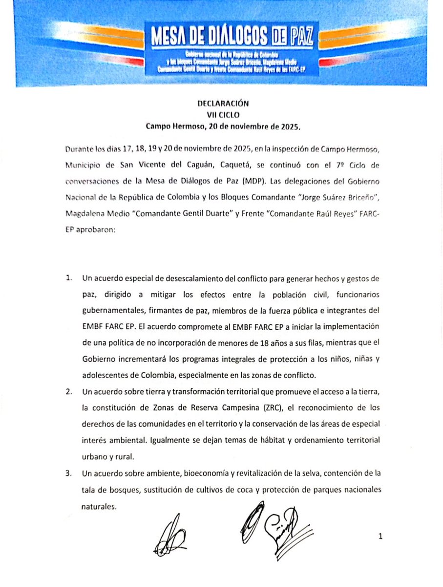 ComisionadoPaz's tweet photo. #Comunicado | Avances en los Diálogos de Paz con el EMBF-FARC

Desde Campo Hermoso, corregimiento de San Vicente del Caguán, compartimos el comunicado oficial de la Mesa de Diálogos de Paz entre el Gobierno nacional y el EMBF-FARC.

Aquí los detalles 📃. https://t.co/d4J5WUtlOS