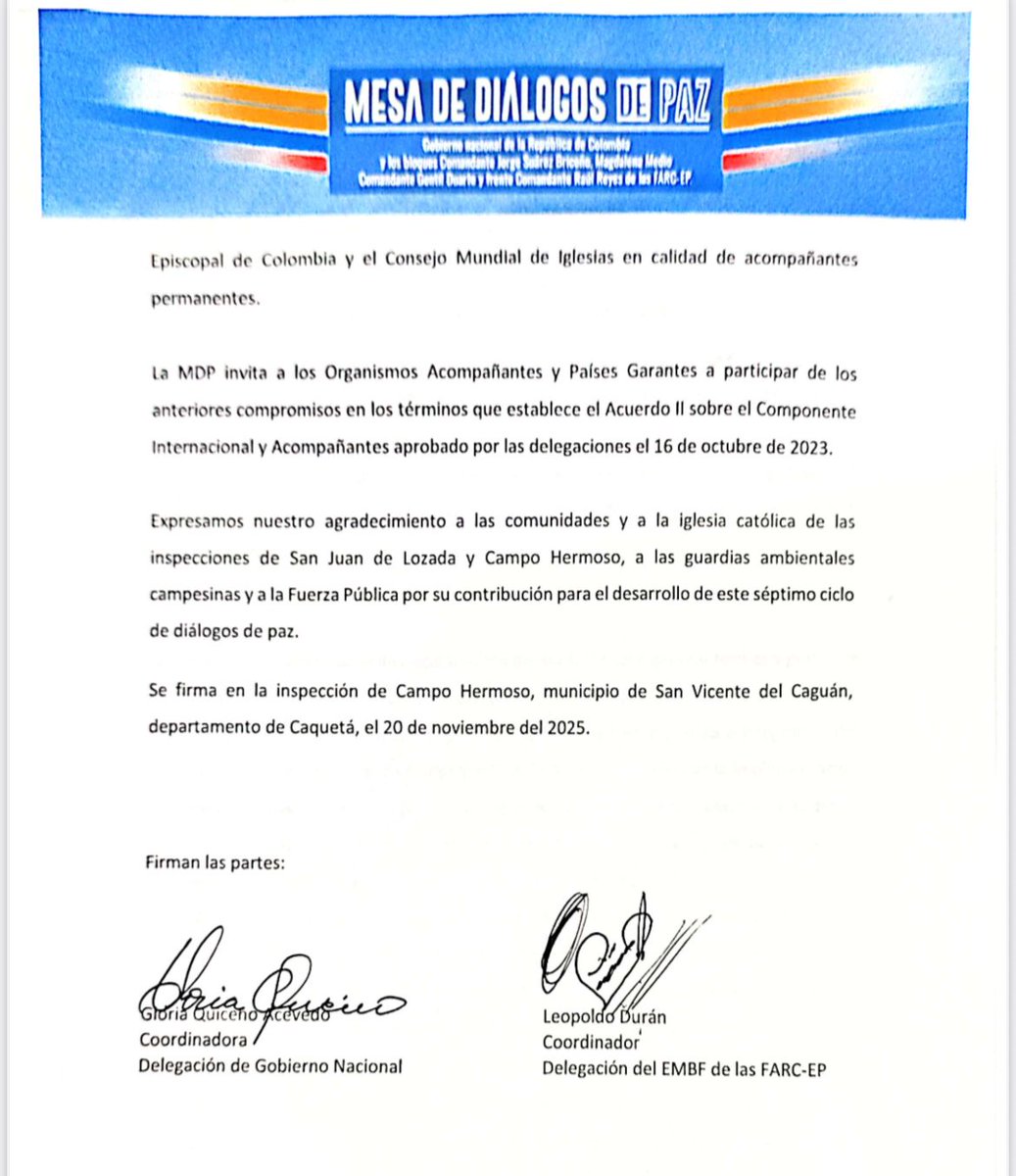 ComisionadoPaz's tweet photo. #Comunicado | Avances en los Diálogos de Paz con el EMBF-FARC

Desde Campo Hermoso, corregimiento de San Vicente del Caguán, compartimos el comunicado oficial de la Mesa de Diálogos de Paz entre el Gobierno nacional y el EMBF-FARC.

Aquí los detalles 📃. https://t.co/d4J5WUtlOS