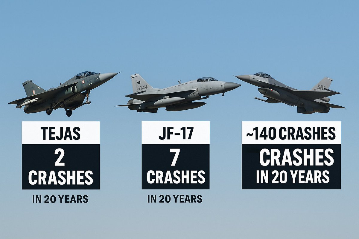 RealBababanaras's tweet image. In the last 20 years 

Tejas : 2 crashes
JF-17 : 7 crashes 
F-16: : 140 crashes

India’s indigenous Tejas now has a better safety record than both rivals combined, proving that performance and reliability &amp;gt; propaganda.