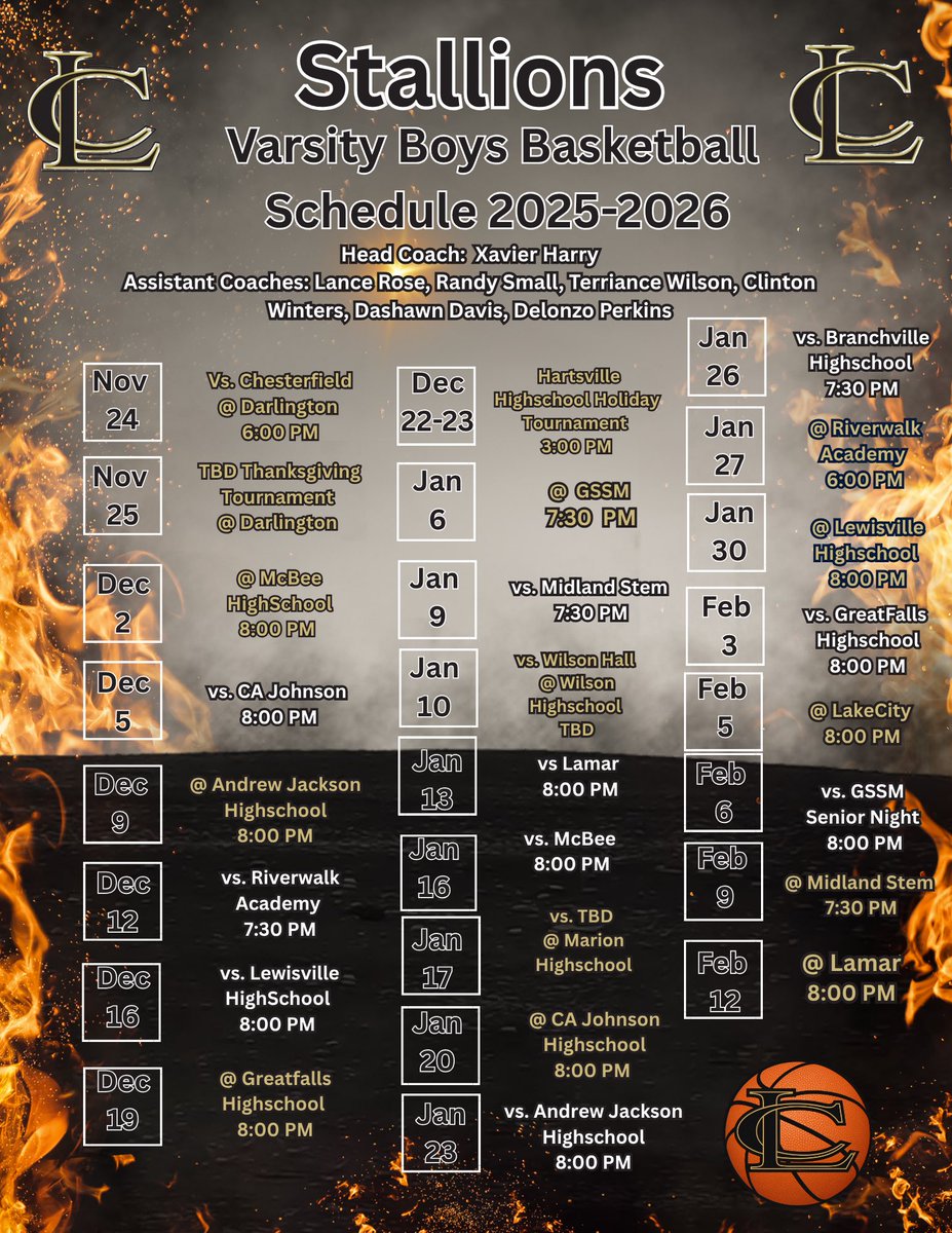 Lee Central High School Varsity Boys 2025-2026 Basketball Schedule #TheStallionWay 🏀