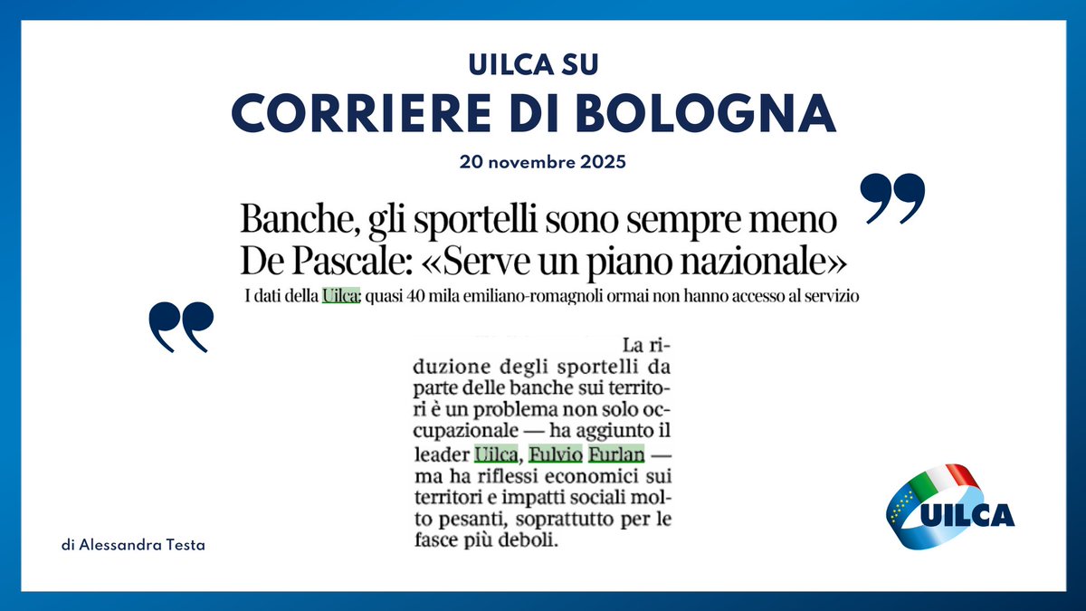 "Banche, gli sportelli sono sempre meno". Sul <a href="/corrierebologna/">Corriere di Bologna</a>, i dati Uilca sulla desertificazione bancaria. Il segretario generale #Uilca Furlan: problema non solo occupazionale. Il Presidente della Regione Emilia-Romagna Michele De Pascale: serve un piano nazionale