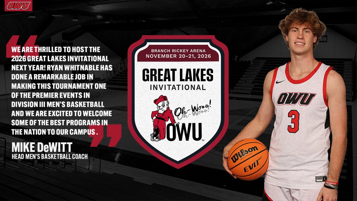 BREAKING: The 2026 Great Lakes Invitational will be hosted on the campus of Ohio Wesleyan University November 20-21, 2026.

Participants: 
- Ohio Wesleyan
- Redlands
- Johns Hopkins
- Marietta
- Denison
- Berry
- Illinois Wesleyan
- St. Joseph's (Maine)

#d3hoops