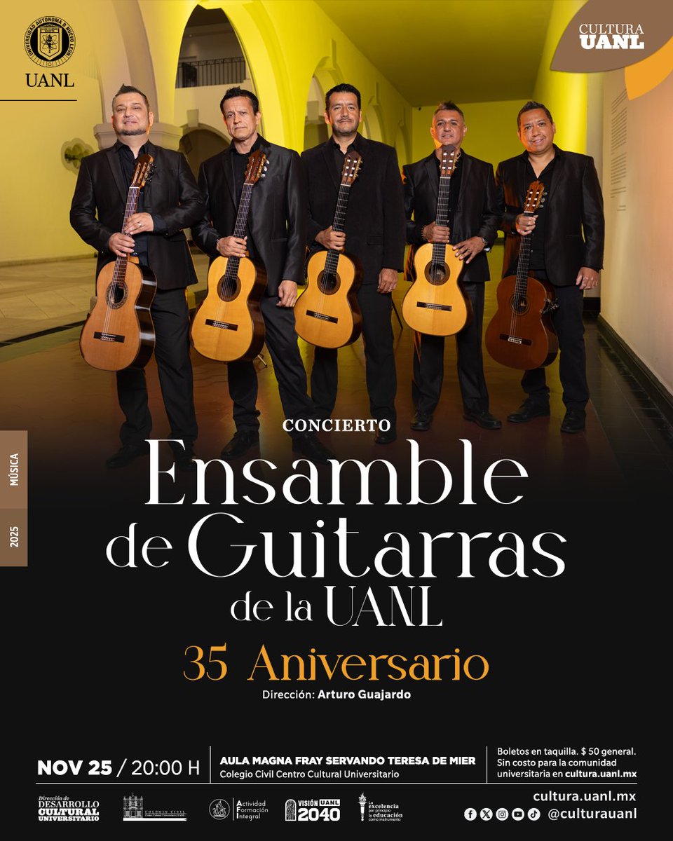 Concierto a cargo del Ensamble de Guitarras de la UANL, en el marco de su 35 aniversario.
No te lo pierdas el 25 de noviembre en el Aula Magna Fray Servando Teresa de Mier del Colegio Civil Centro Cultural Universitario.