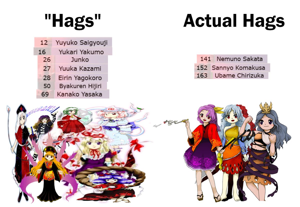 NeverJestin's tweet image. The entire Touhou community needs to acknowledge the hag disparity. 

&quot;We love hags!&quot; No you don&apos;t, bro. Ubame is homeless AND the lowest rated Windows character she won&apos;t survive this winter.