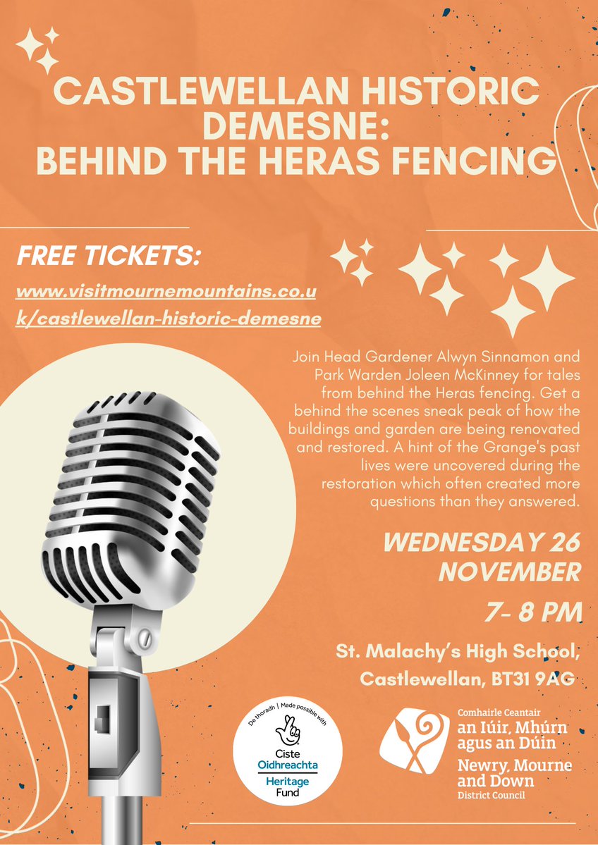 nmdcouncil's tweet image. ✨🎤 Join us for the next event in the Castlewellan Historic Demesne series: ‘Behind the Heras Fencing’
Discover the hidden stories of Castlewellan&apos; s restoration as Head Gardener Alwyn Sinnamon and Park Warden Joleen McKinney share a behind-the-scenes look at the ongoing work…