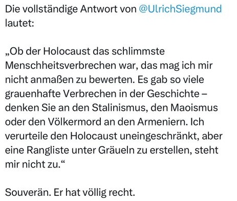 <a href="/Kranzschwinger/">Siegvarg</a> Schon wieder so ein kleiner linkspropaganda Schnösel, welcher natürlich nur rein zufällig nur den Auszug des Gesprächs rauspickt, was seiner kranken Einstellung an nächsten kommt. Hier der korrekte!