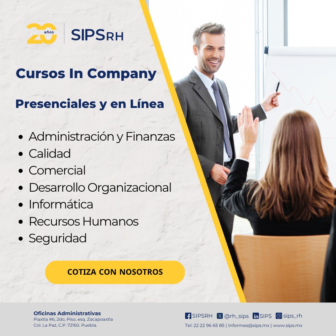 rh_sips's tweet image. 🎓 #Cursos In Company: Capacitación a la medida de tu #empresa. Impulsa el crecimiento de tu equipo con nuestros cursos especializados, presenciales o en línea.
Contamos con diferentes áreas de 💡
📩 Solicita información: informes@sips.mx | ☎️ 22 22 96 65 85