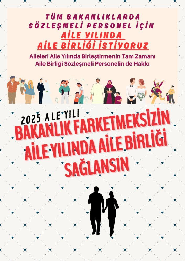 <a href="/KverSemih/">Semih Işıkver</a> Sözleşmeli öğretmen ve memurlar 4 yıl ailesinden uzak olursa nasıl nüfus artışı olacak? #AileYılı nda
🇹🇷Eş durum tayin hakkı gelmeli
<a href="/_aliyalcin_/">Ali YALÇIN</a> <a href="/talatyavuz29/">Talat YAVUZ</a> <a href="/EgitimBirSen/">Eğitim-Bir-Sen</a> <a href="/MemurSenKonf/">Memur-Sen</a> <a href="/isikhanvedat/">Prof. Dr. Vedat Işıkhan</a> <a href="/MahinurOzdemir/">Mahinur Özdemir Göktaş</a> <a href="/edipuzen/">Edip Üzen</a> <a href="/Yusuf__Tekin/">Yusuf Tekin</a> <a href="/Sdka_Aydin/">Sıdıka AYDIN</a>.
