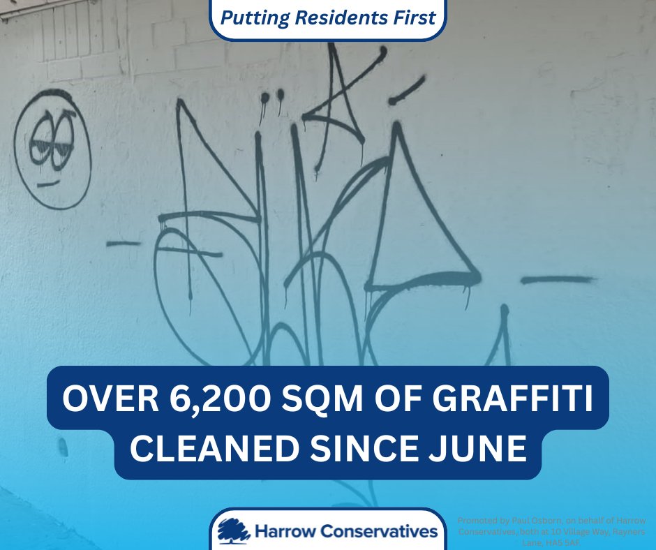 HAConservatives's tweet image. In June we launched a new Grimebusters service, dedicated to cleaning graffiti and flyposting across Harrow. The latest figures show that since June the Grimebusters have cleaned over 6,200 square metres of graffiti and vandalism. We will keep Harrow clean!