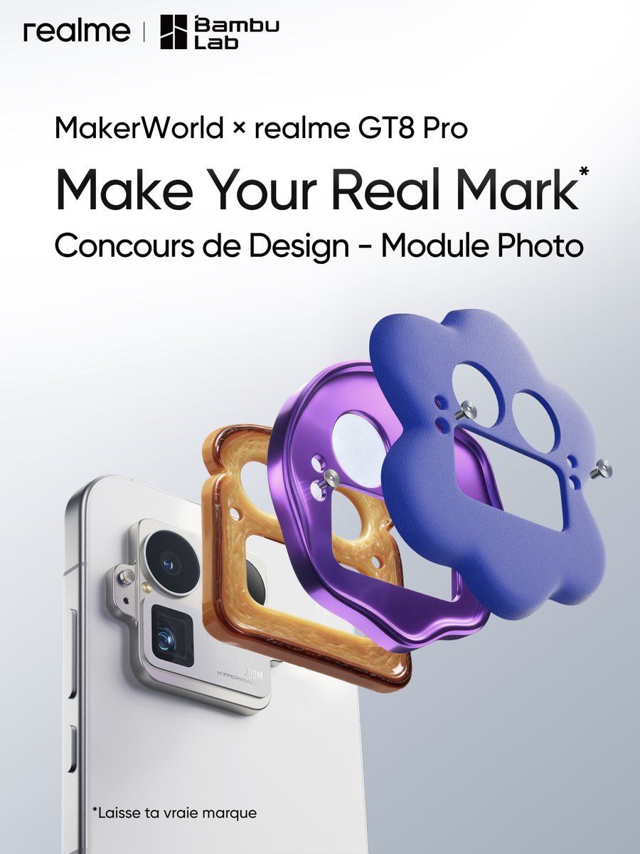 realme_France's tweet image. 🔥 Concours de Design du realme GT8 Pro 📲
🤝 en collaboration avec BambuLab et MakerWorld

C’est le moment de réinventer le module photo du realme GT8 Pro. 🎨🔧

Imagine, créé : exprime qui tu es avec une création unique. ✨

🎁 À gagner : un realme GT8 Pro Dream Edition !