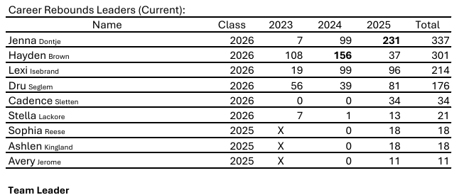 Career Rebounds Leaders (Current): Forest City Girls Basketball