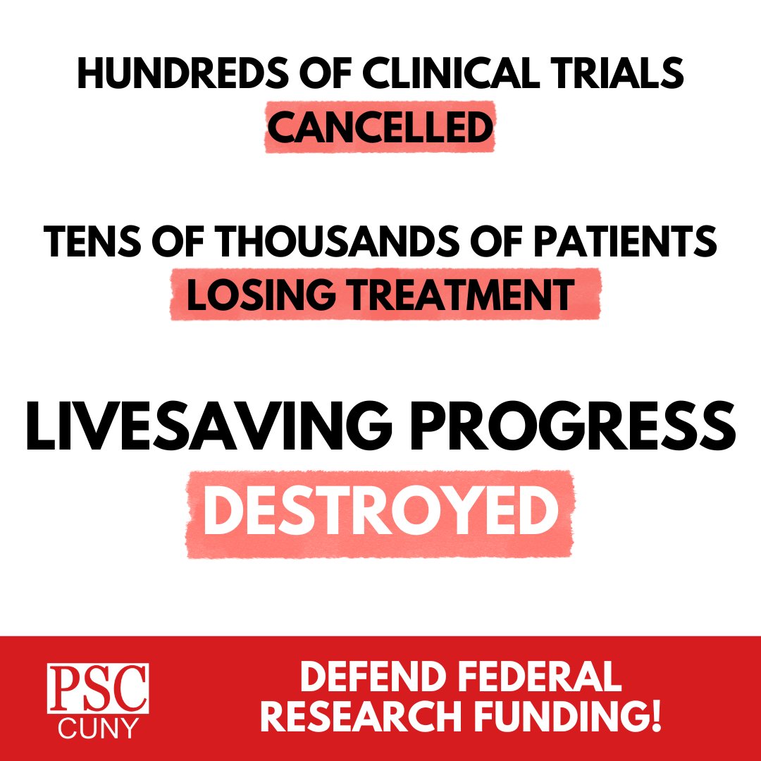 PSC_CUNY's tweet photo. A recent study shows just how devastating Trump's cuts to NIH funding have been, costing over 74,000 patients access to clinical trials and derailing crucial, lifesaving research. We are fighting to restore and protect federal research funding and the crucial progress it enables! https://t.co/gDphPCYWWz