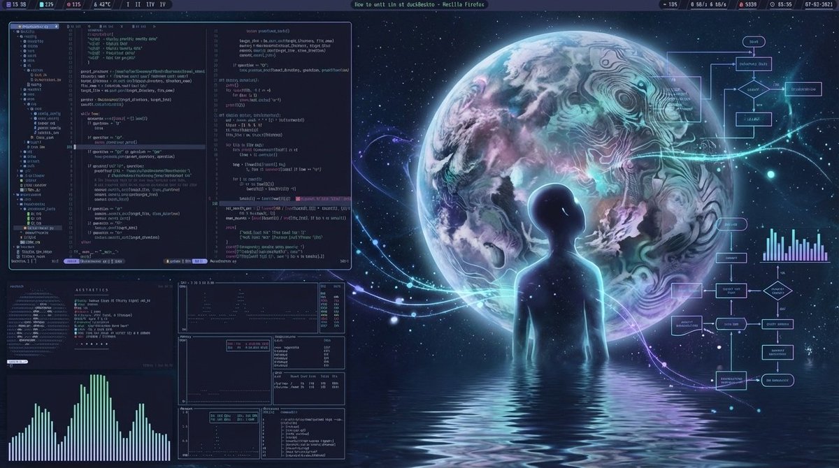 Amigo__Yu's tweet image. A futuristic programming interface featuring complexcode and numerical elements, set against a cosmicbackground. A humanoid silhouette gazes at aplanet, which features abstract textures. Theinterface displays data charts and code withgradient hues, merging technology with…