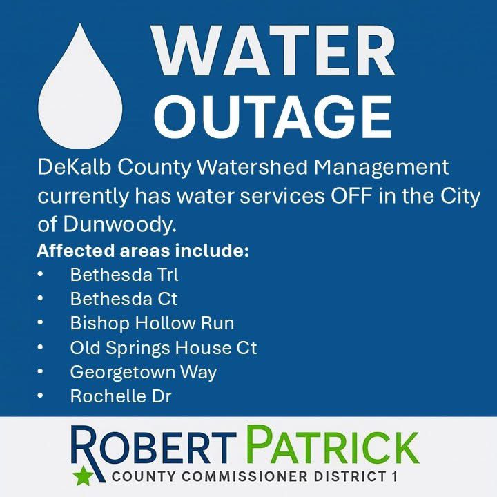 🚧 Water Service Alert
DeKalb County DWM has temporarily shut off water service to make repairs to an 8” broken water main in <a href="/DunwoodyGA/">City of Dunwoody, GA</a>. Roughly 50-100 customers are estimated to be affected by this outage. 

I’ll share updates as soon as more information becomes available.