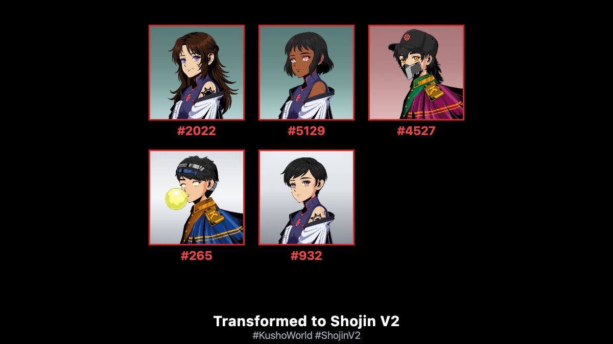 0xCenTree's tweet image. CAPE CREW GOT TRANSFORMED

Transformed Kusho #2022, #5129, #4527, #265, #932 into Shojin V2! @Kusho_World 🔥

#KushoWorld #ShojinV2 transform.kushoworld.com