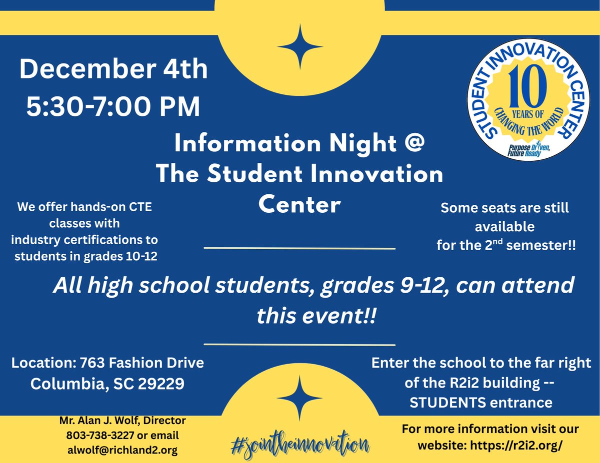 Information Night @ the Student Innovation Center.  Thursday, December 4th, 5:30-7:00 PM.  This event is open to students and parents in grades 9-12. Come and see the great opportunities we have to offer. <a href="/RichlandTwo/">Richland School District Two</a> <a href="/WHS_Redhawks/">Westwood HS (SC)</a> <a href="/RNECavaliers/">Richland Northeast HS</a> <a href="/rvhs/">Ridge View High School: A Med Pro Magnet</a> <a href="/SV_Vikings/">Spring Valley</a> <a href="/BlythewoodHigh/">Blythewood High</a>