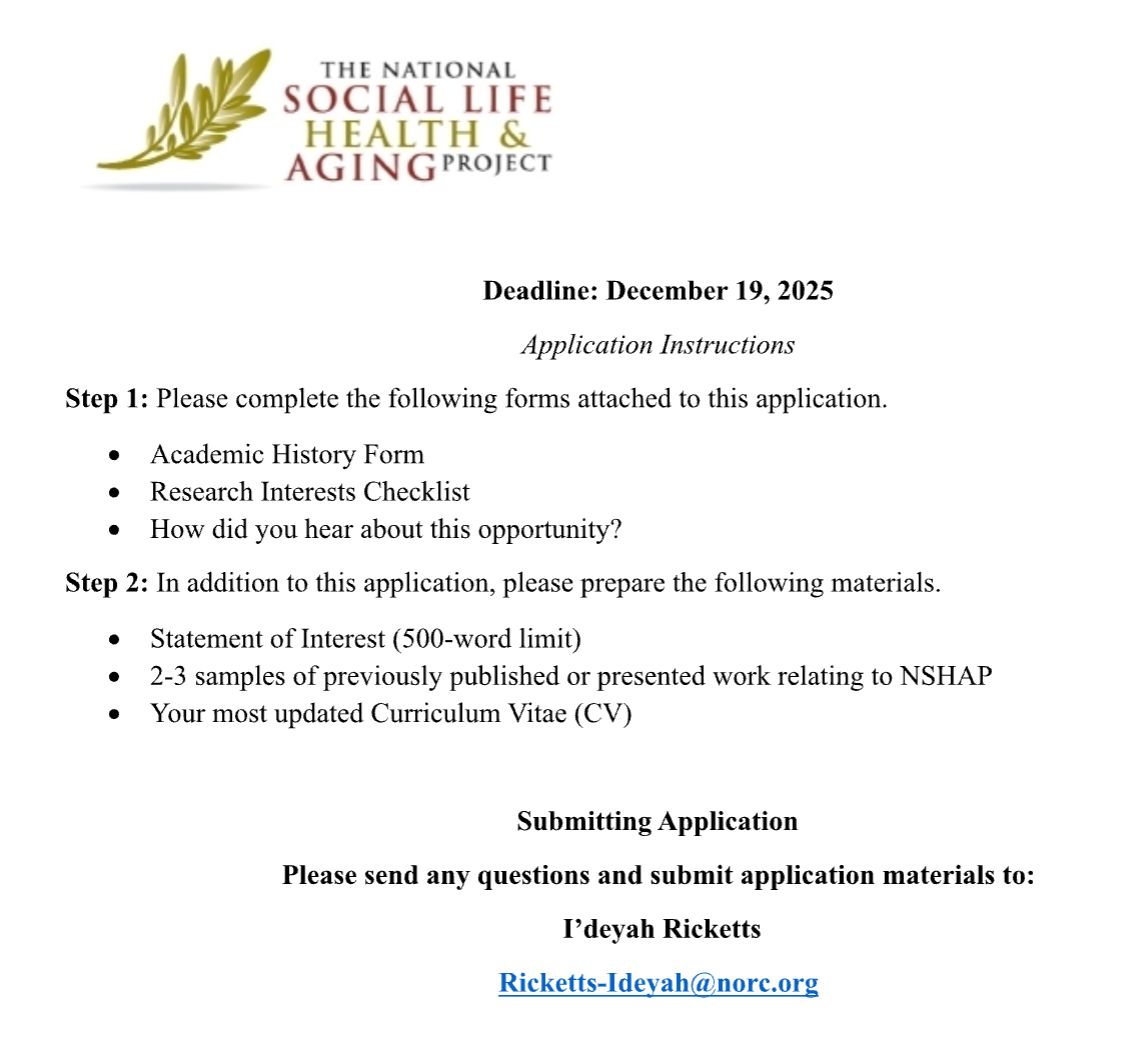 NACDA_Aging's tweet image. Early-career aging researchers: apply to become an NSHAP Fellow! 2-year fellowship, honoraria, travel to annual conference, mentorship, and access to NSHAP working groups &amp;amp; support. Apps due Dec 19, 2025; email materials to Ricketts-Ideyah@norc.org. See Image for more info.