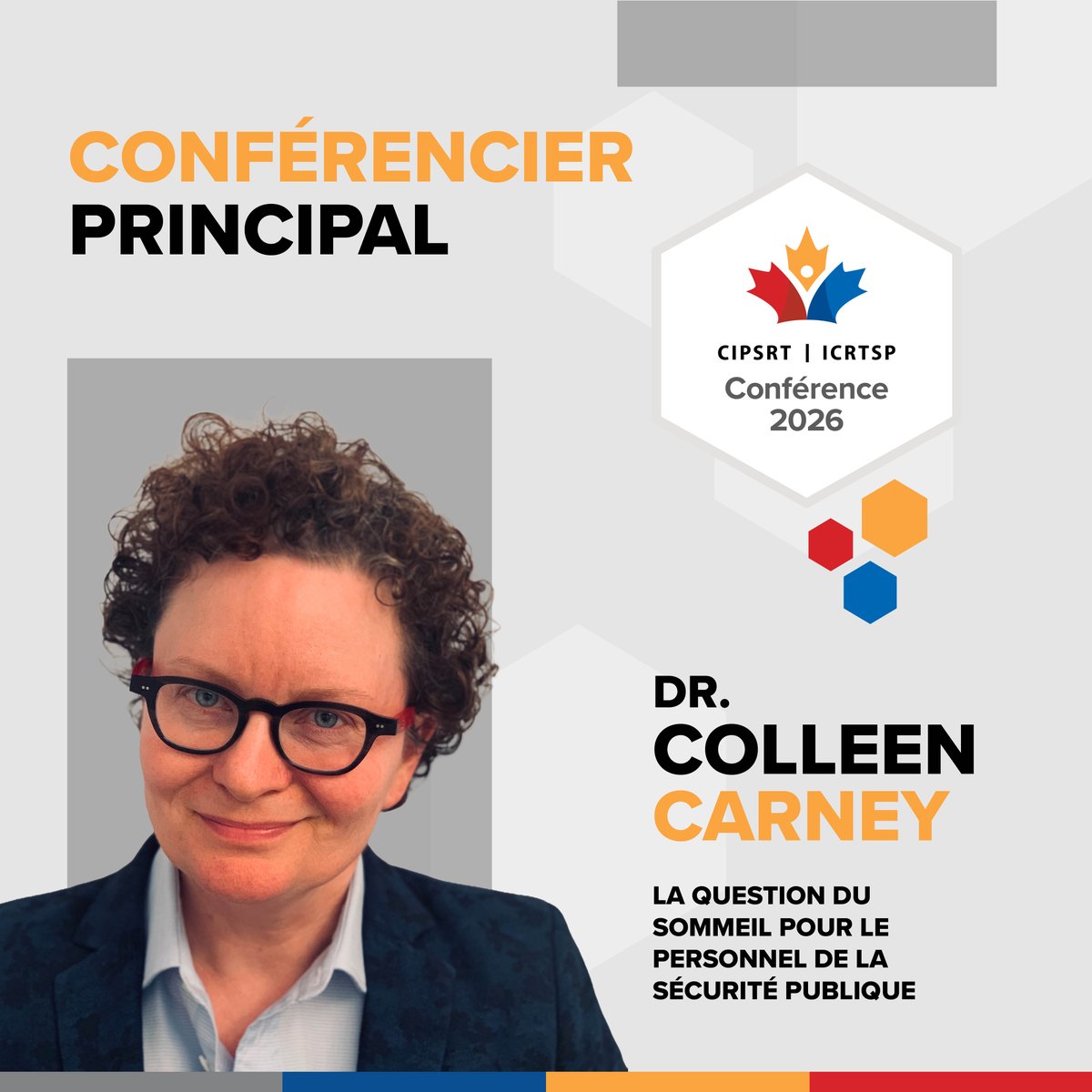 CIPSRT_ICRTSP's tweet image. Nous sommes ravis d&apos;annoncer que la Dre Colleen Carney fera une présentation lors de la Conférence de l&apos;ICRTSP 2026!   
  
Sa session portera sur les stratégies pratiques permettant d&apos;améliorer le sommeil et de favoriser la guérison des traumatismes.  
  
Rejoignez-nous à Calgary…