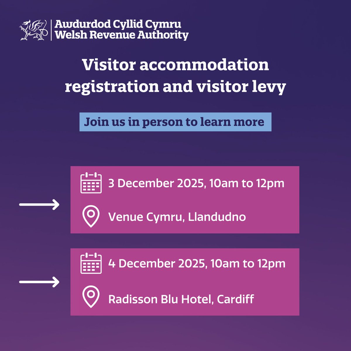 Join us in person to learn about registering visitor accommodation in Wales and the visitor levy! 

📅 3 December – Llandudno  
Register: eventbrite.co.uk/e/acc-cofrestr…     

📅 4 December – Cardiff  
Register: eventbrite.co.uk/e/acc-cofrestr… 

<a href="/VisitWalesBiz/">Visit Wales Biz</a>