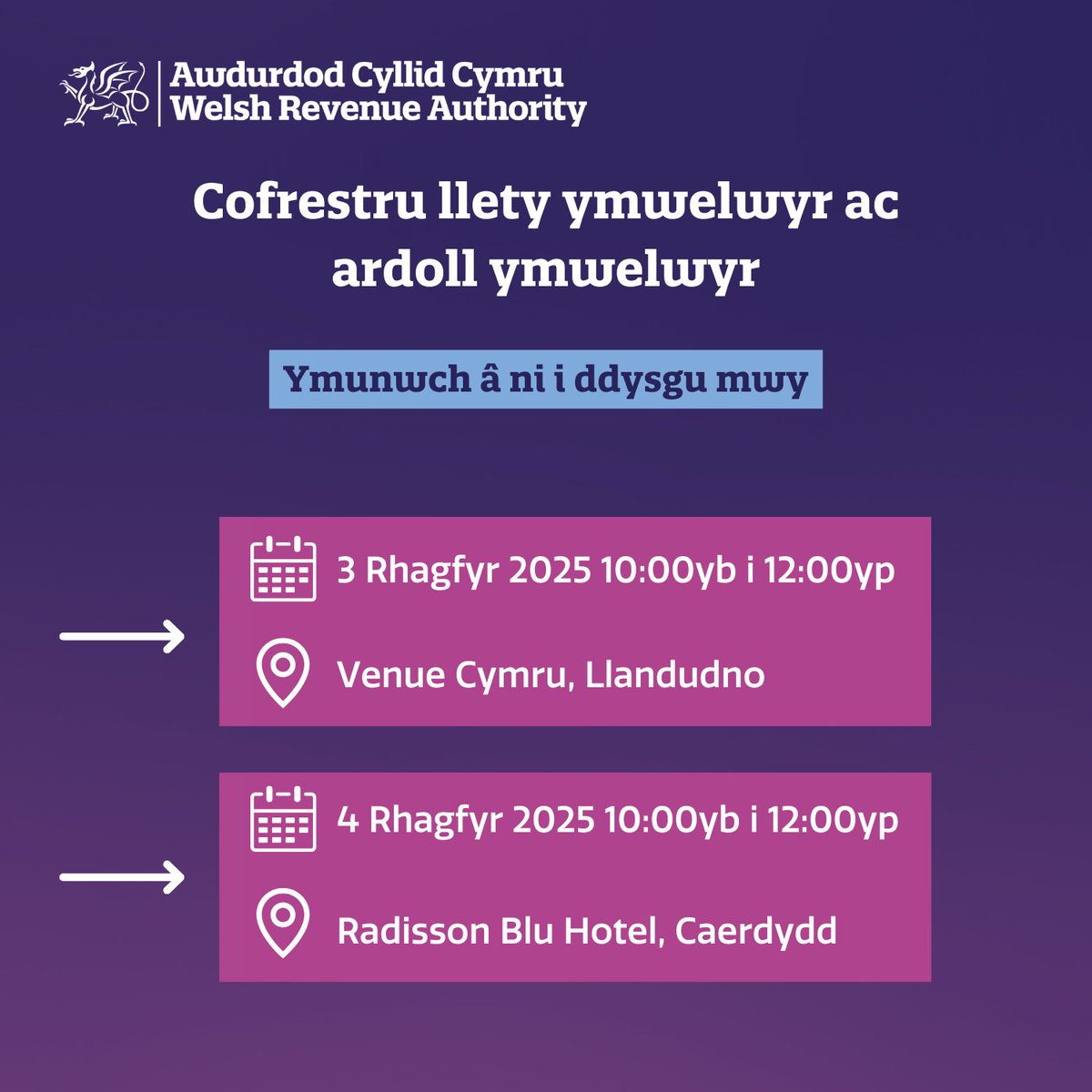 ACCtrydar's tweet image. Dewch i’n digwyddiadau wyneb yn wyneb i ddysgu am gofrestru llety ymwelwyr yng Nghymru a’r Ardoll Ymwelwyr sydd ar y gweill! 

📅 3 Rhagfyr – Llandudno  
Cofrestrwch: eventbrite.co.uk/e/acc-cofrestr…    

📅 4 Rhagfyr – Caerdydd  
Cofrestrwch: eventbrite.co.uk/e/acc-cofrestr… 

@CroesoCymruBus