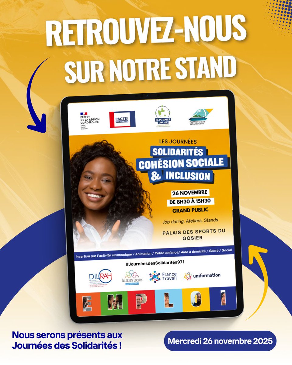 Ce jeudi 26 novembre, la <a href="/FEHAPAG/">FEHAP Antil.-Guyane</a> et ses adhérents vous accueillent au Palais des Sports du #Gosier en #Guadeloupe, dans le cadre des journées #solidarités, #cohésion #sociale &amp; #inclusion.
#attractivité #emploi #JournéesdesSolidarités971
