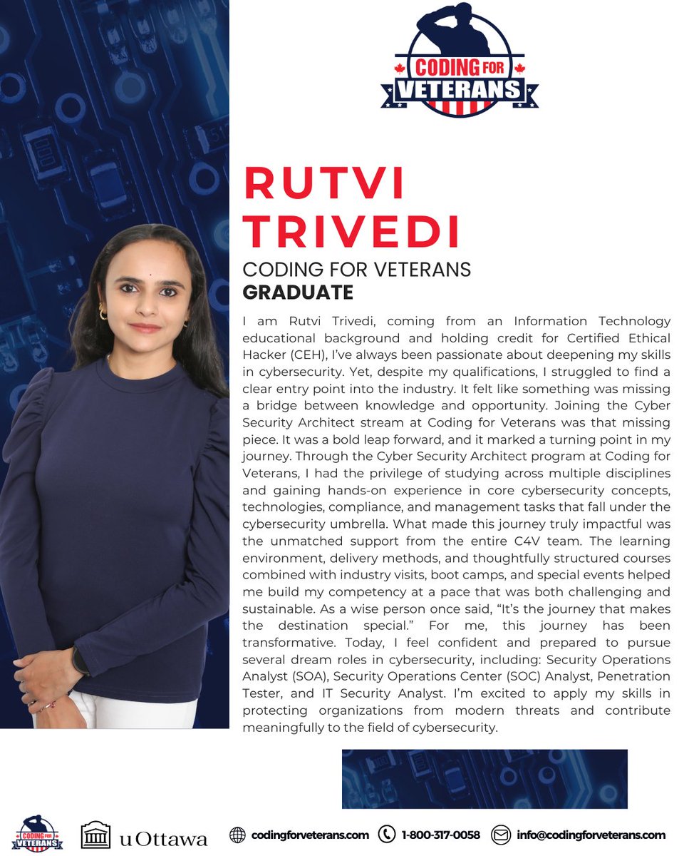 Coding4Veterans's tweet image. Meet one of our incredible Coding for Veterans graduates, who has successfully transitioned to a thriving career in tech. Their journey is a testament to the power of resilience, lifelong learning, and the opportunities.