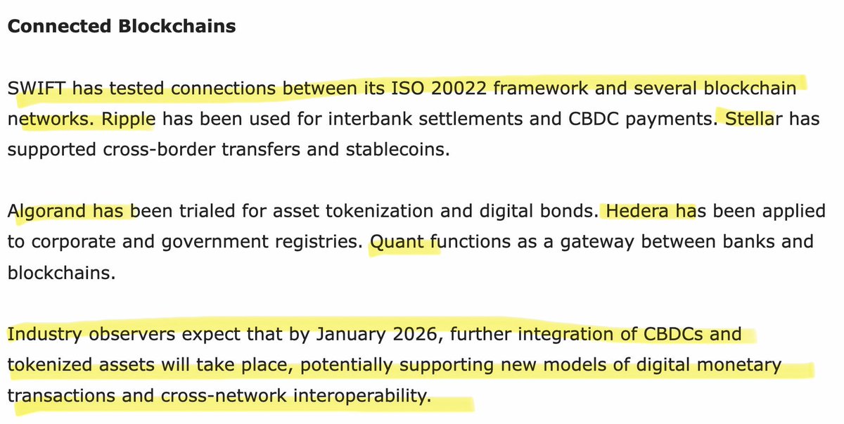 ‼️ SWIFT HAS ALREADY TESTED ITS ISO 20022 FRAMEWORK WITH XRP XLM ALGO HBAR AND QNT‼️

“Industry observers expect that by January 2026, further integration of CBDCs and tokenized assets will take place, potentially supporting new models of digital monetary transactions and