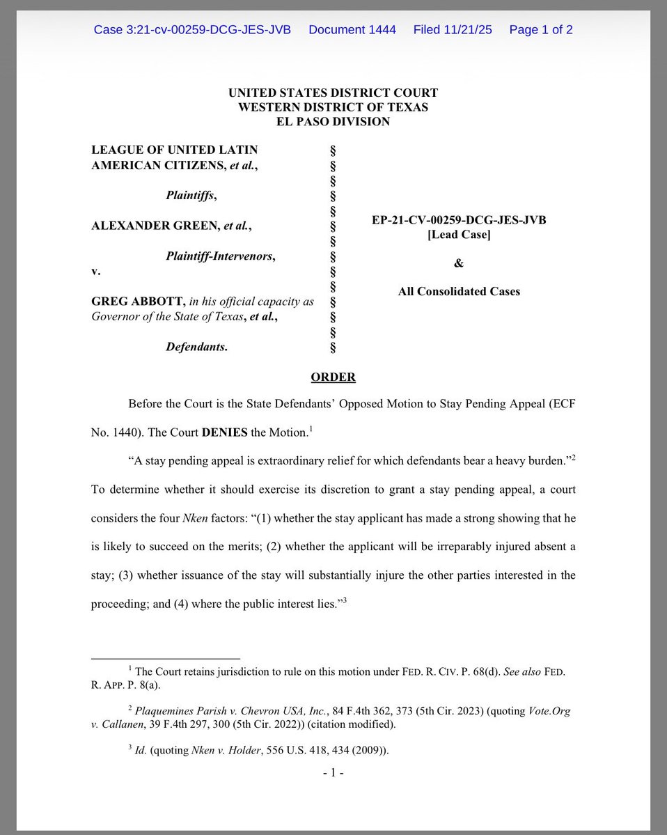 mcpli's tweet image. NEW: The 3-judge panel in Texas has denied the state’s request to stay the ruling striking down the congressional map. Judge Smith would have granted the stay. 

Under procedural rules, Texas is now clear to seek a stay at SCOTUS. #txlege